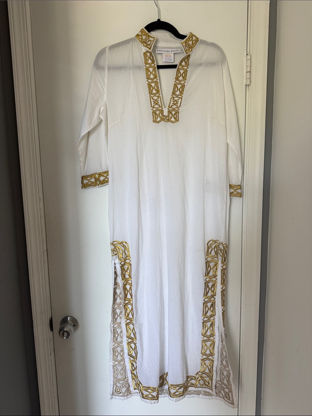 Gretchen Scott White 100% Cotton Gold Embroidered Tunic Dress Cover Up | S